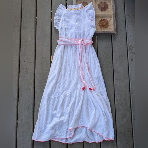 Banjanan White Bulbul Embroidered‎ Maxi Dress XS High Neck Ruffle Tiered Boho - Picture 1 of 6